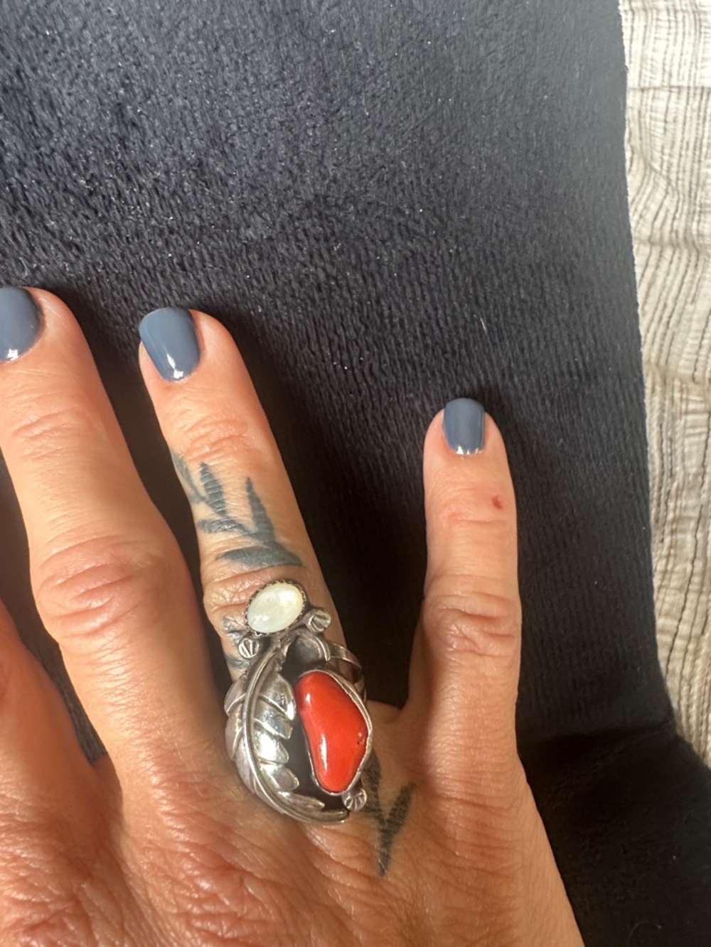 Sterling Leaf Ring with Red Stone and White Accent